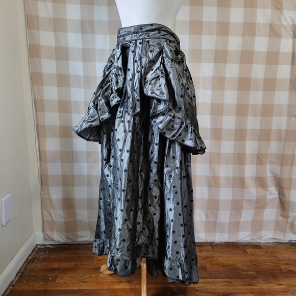 Antique Victorian 1870s Black Silver Silk Taffeta 2 Piece Day Dress Corset M - Picture 5 of 16